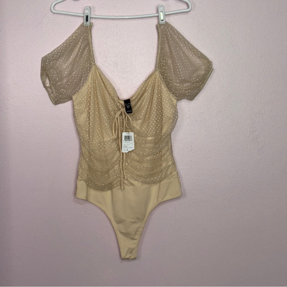 Windsor Nude Puff Sleeve Thong Bodysuit with Ruched Cut Out